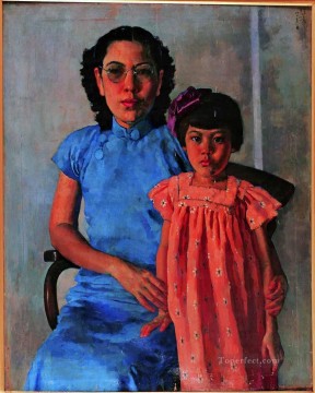 シュ・ベイホン・ジュ・ペオン Painting - 油彩で描いたチャン・ジュチ夫人と徐北紅娘の肖像画